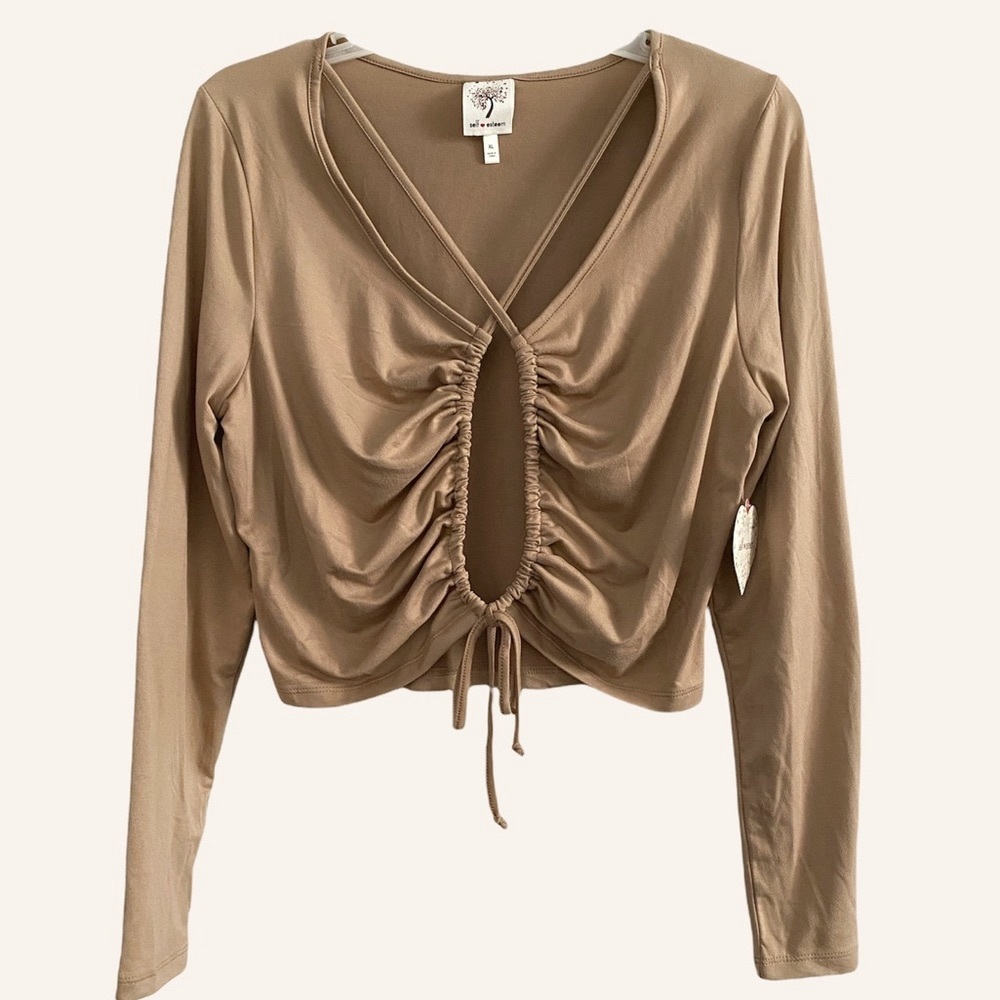 Self Esteem (juniors) scrunched cross-cross tie long sleeve crop top, camel